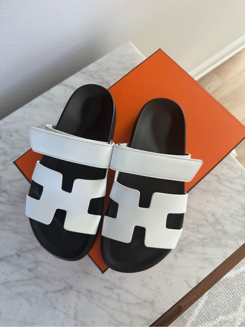 Hermes Chypre Sandals in White/Black Size 37